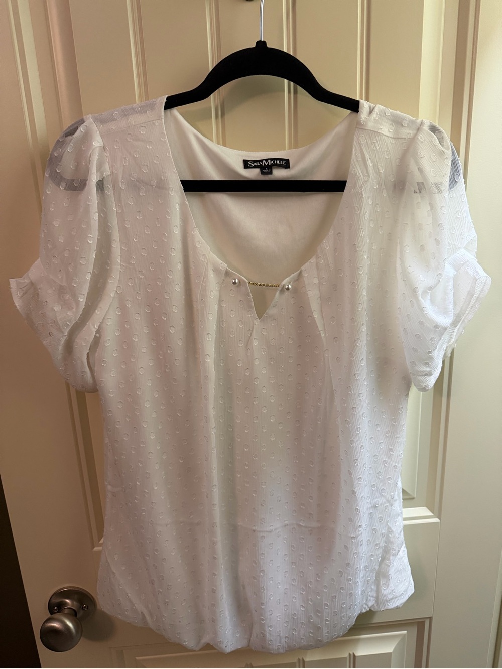 Sara Michelle White Swiss Dot Puff Sleeve Top with Chain Detail